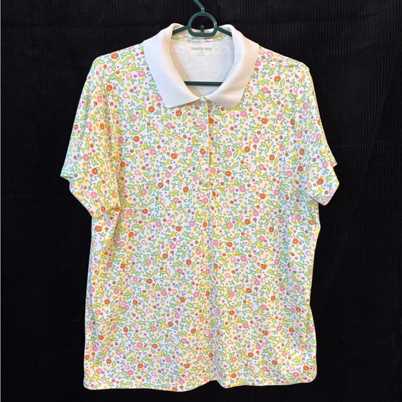 Lands' End Vibrant Floral Polo with White Accents - Picture 1 of 3